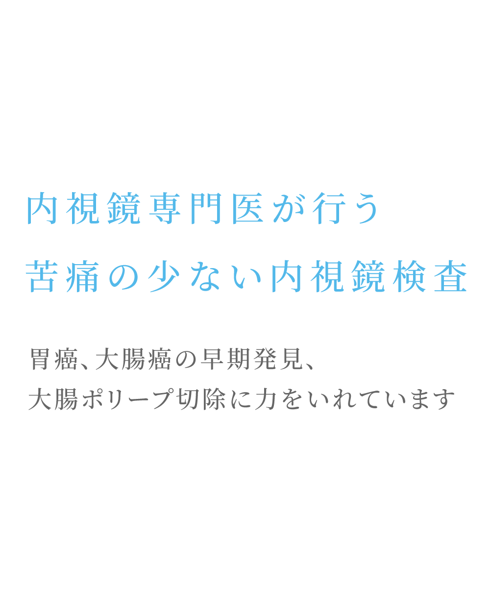 内視鏡専門医が行う苦痛の少ない内視鏡検査　胃癌、大腸癌の早期発見、大腸ポリープ切除に力をいれています